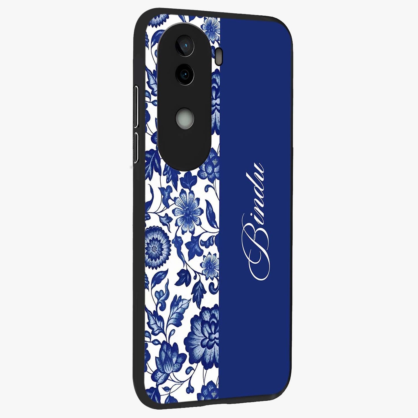 Blue Vintage Floral Pattern Glass Case upright view showcasing delicate blush floral texture with modern minimal style.