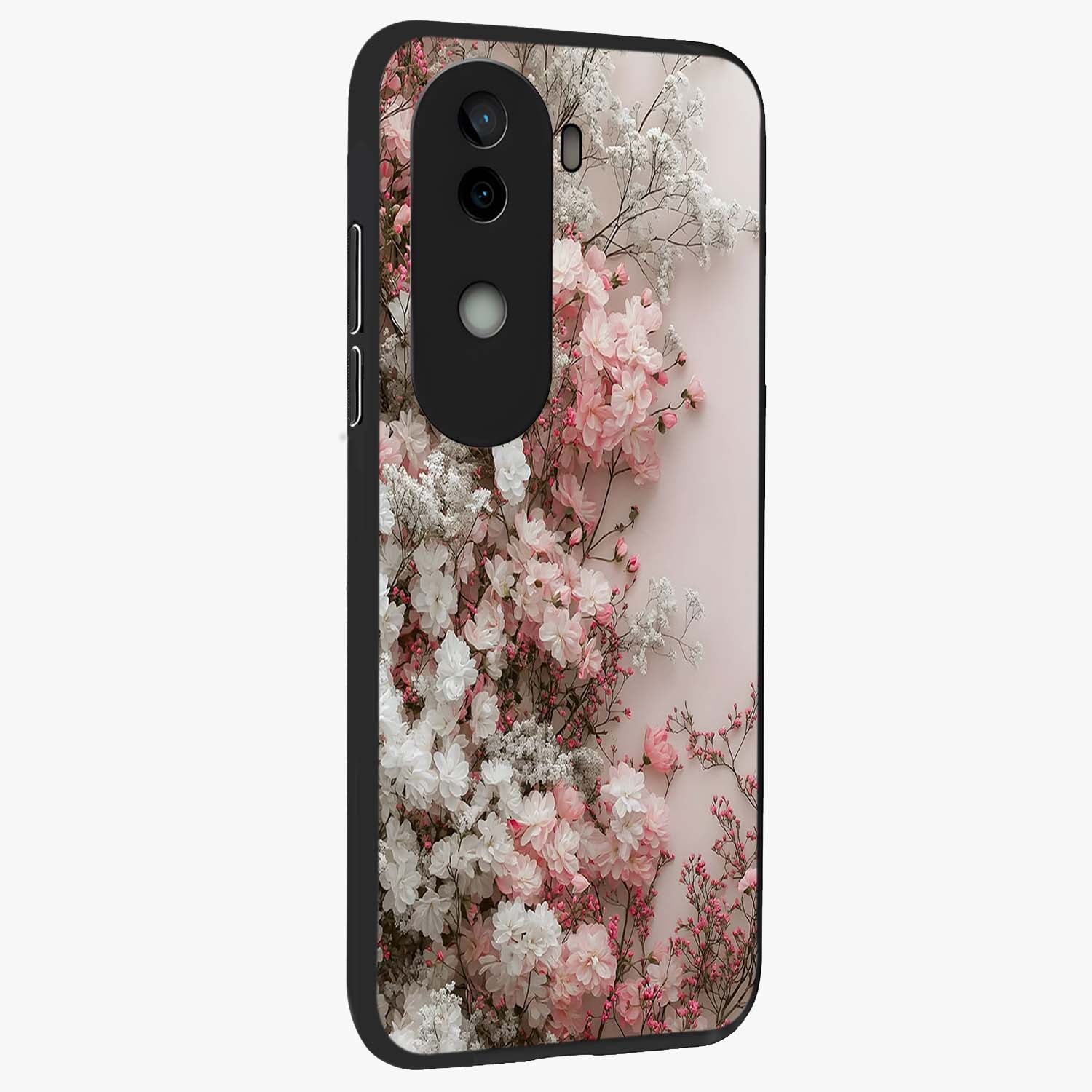 Blush Blossom Cloud Glass Case upright view showcasing calm floral cloud artwork with gentle dreamy theme.