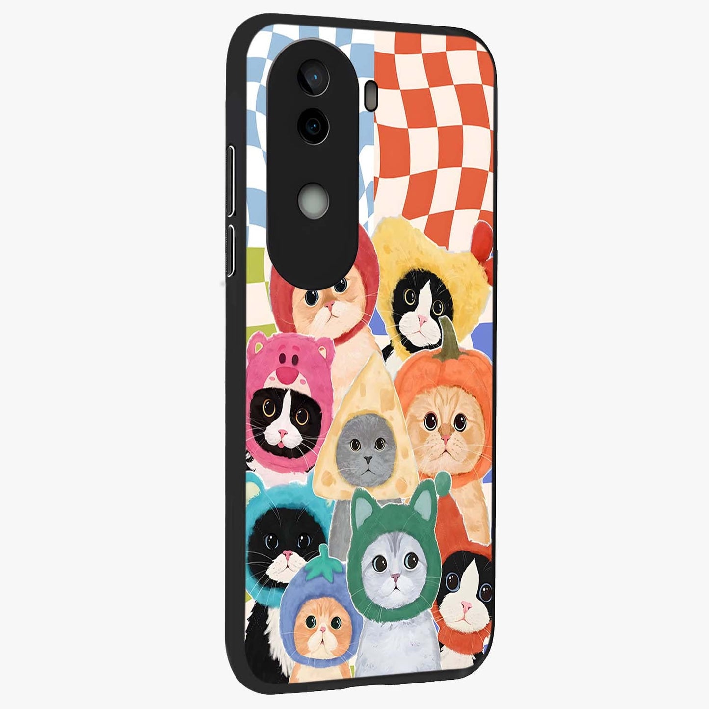 Cats in Fruits Glass Case upright view showcasing charming cat artwork with fun fruity theme.