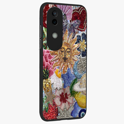 Celestial Floral and Playful Glass Case upright view showcasing whimsical floral artwork with cosmic aesthetic theme.