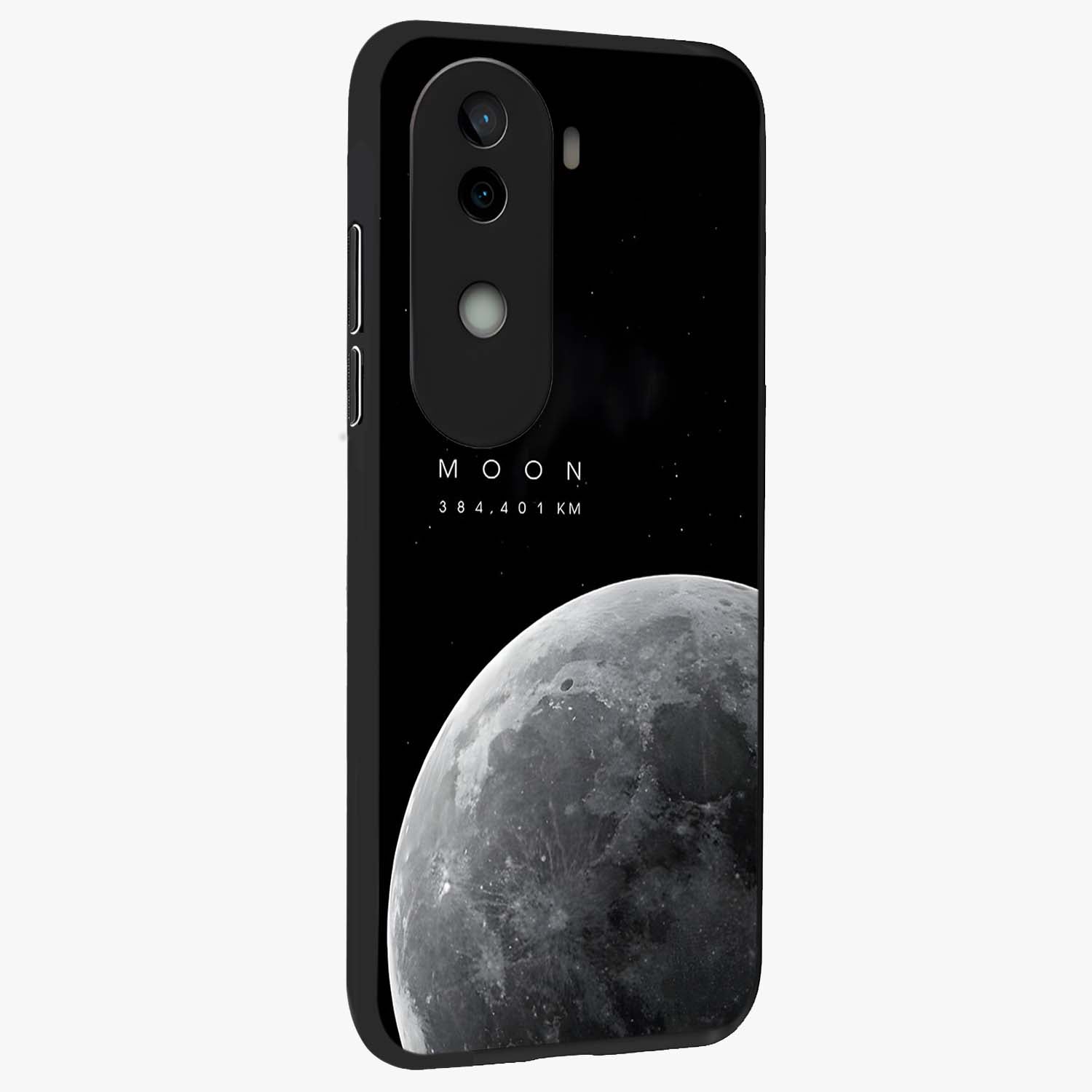 Cosmic Moon Glow Glass Case upright view showcasing luminous moon illustration with dreamy cosmic style.