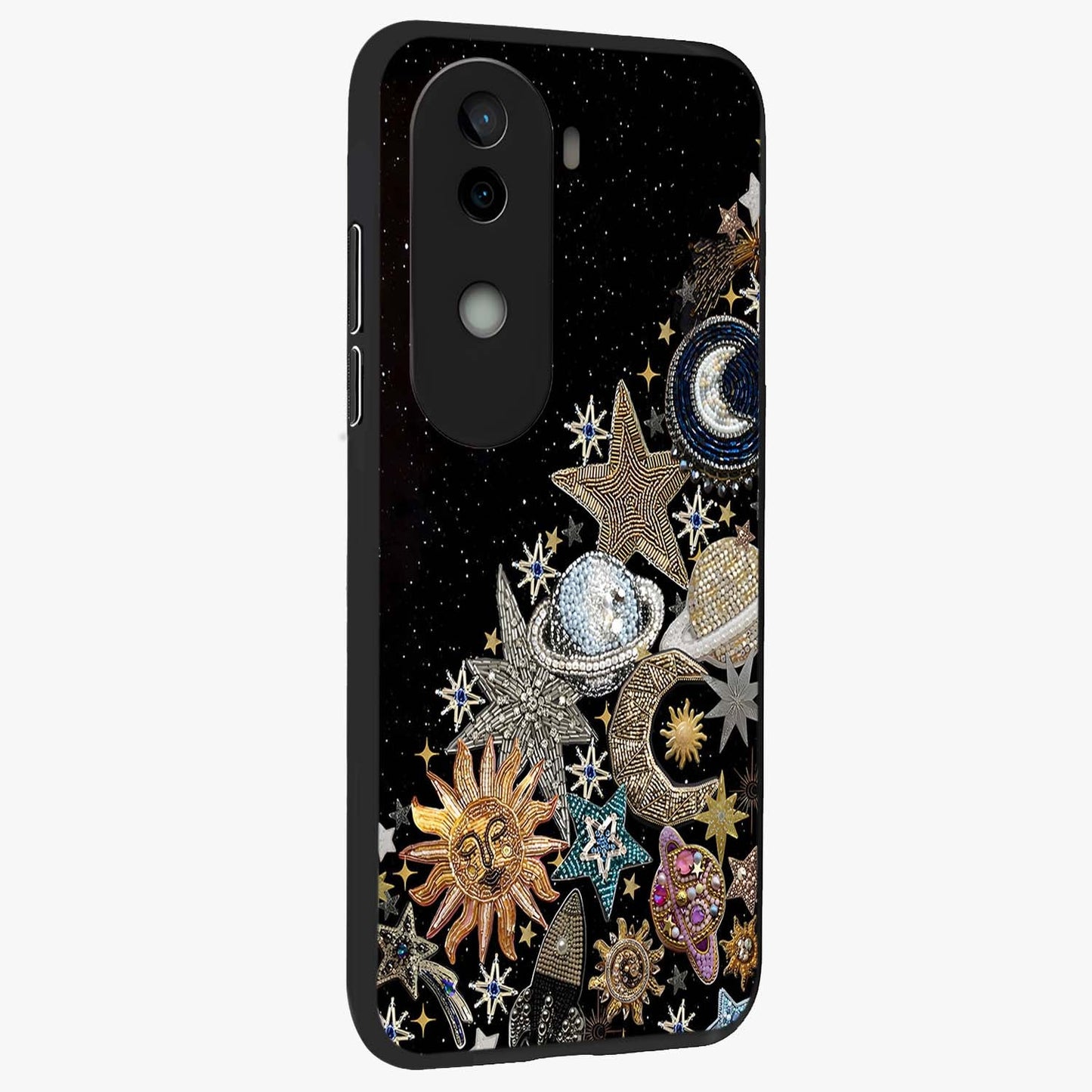 Cosmic Sparkle Dreams Glass Case upright view showcasing glowing cosmic artwork with magical galaxy theme.