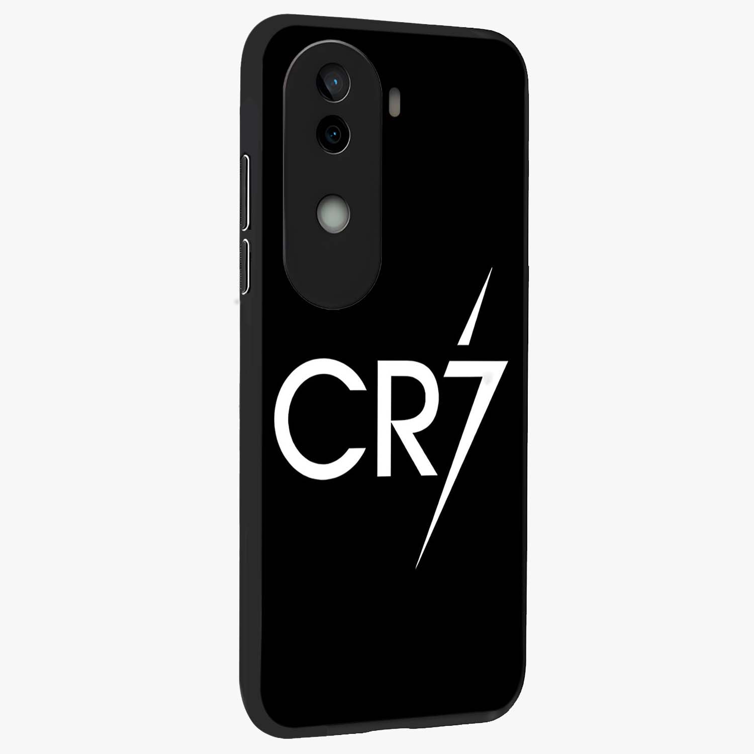 Cr7 Elite Strike Glass Case upright view showcasing energetic football inspired design with modern sports aesthetic.