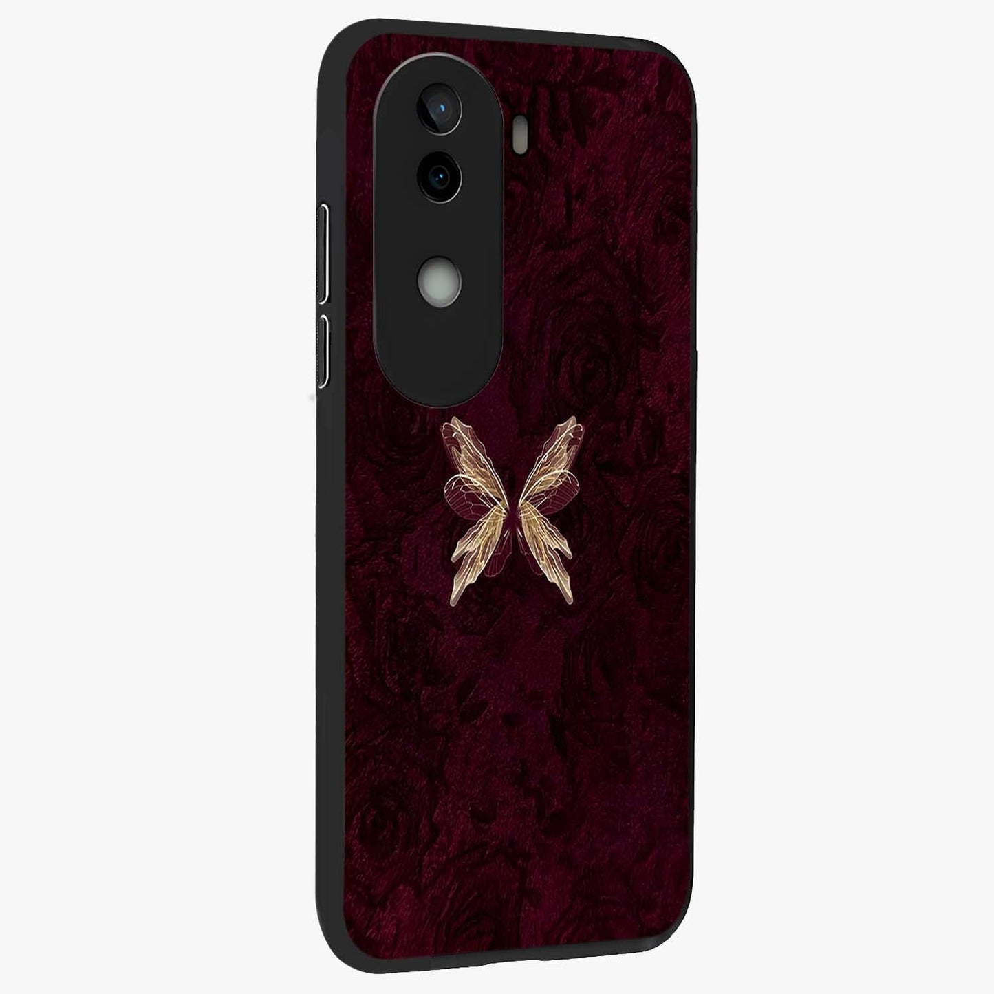 Crimson Fade Butterfly Glass Case upright view showcasing graceful butterfly artwork with soft crimson fade effect.