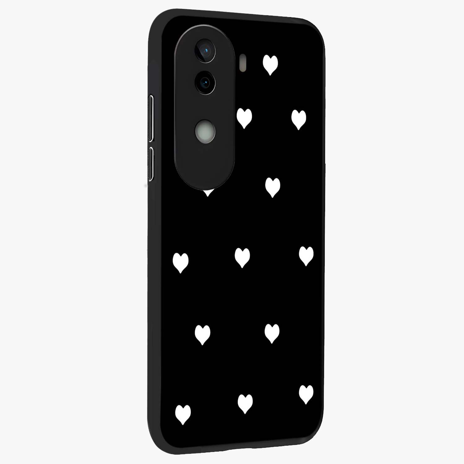 Cute And Simple White Hearts Glass Case upright view showcasing simple white hearts artwork with soft minimal theme.