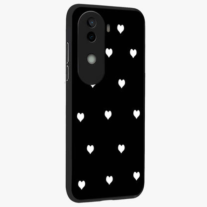 Cute And Simple White Hearts Glass Case upright view showcasing simple white hearts artwork with soft minimal theme.