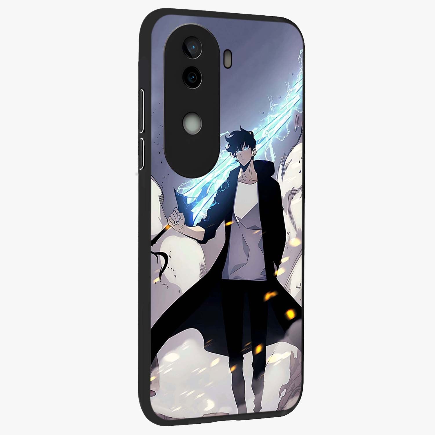 Dark Lightning Anime Warrior Glass Case upright view showcasing dramatic warrior artwork with dark lightning aesthetic.