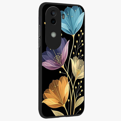 Delicate Multicolor Flowers Glass Case upright view showcasing delicate floral artwork with bright botanical theme.