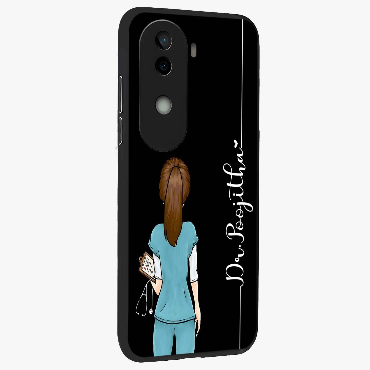 Doctor Pattern Custom Name Glass Case upright view showcasing healthcare themed design with personalized aesthetic.
