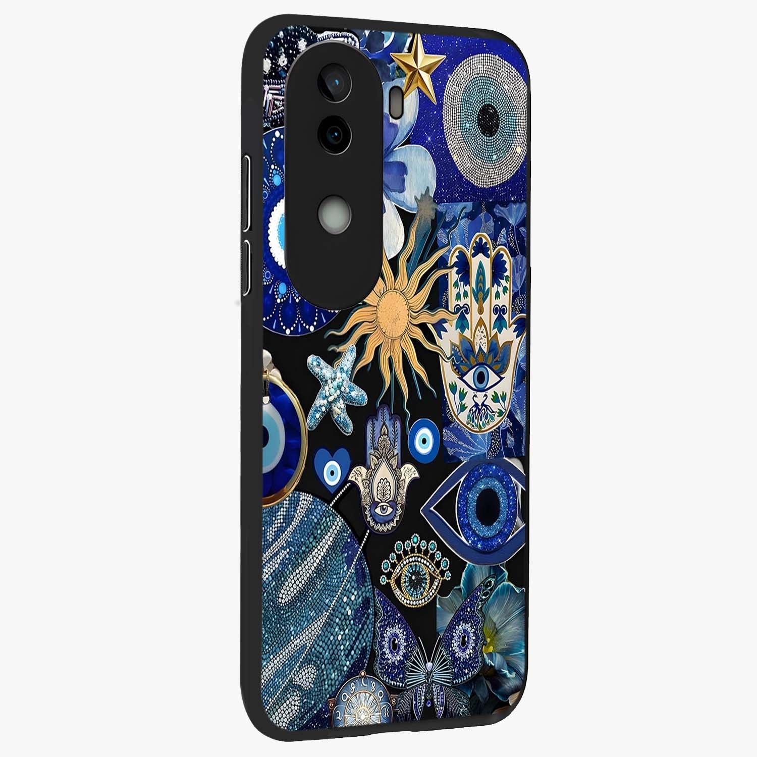 Evil Eye Charm Mix Glass Case upright view showcasing mystical evil eye pattern with vibrant decorative style.
