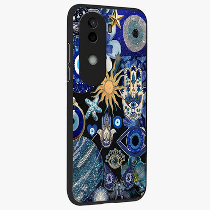 Evil Eye Charm Mix Glass Case upright view showcasing mystical evil eye pattern with vibrant decorative style.