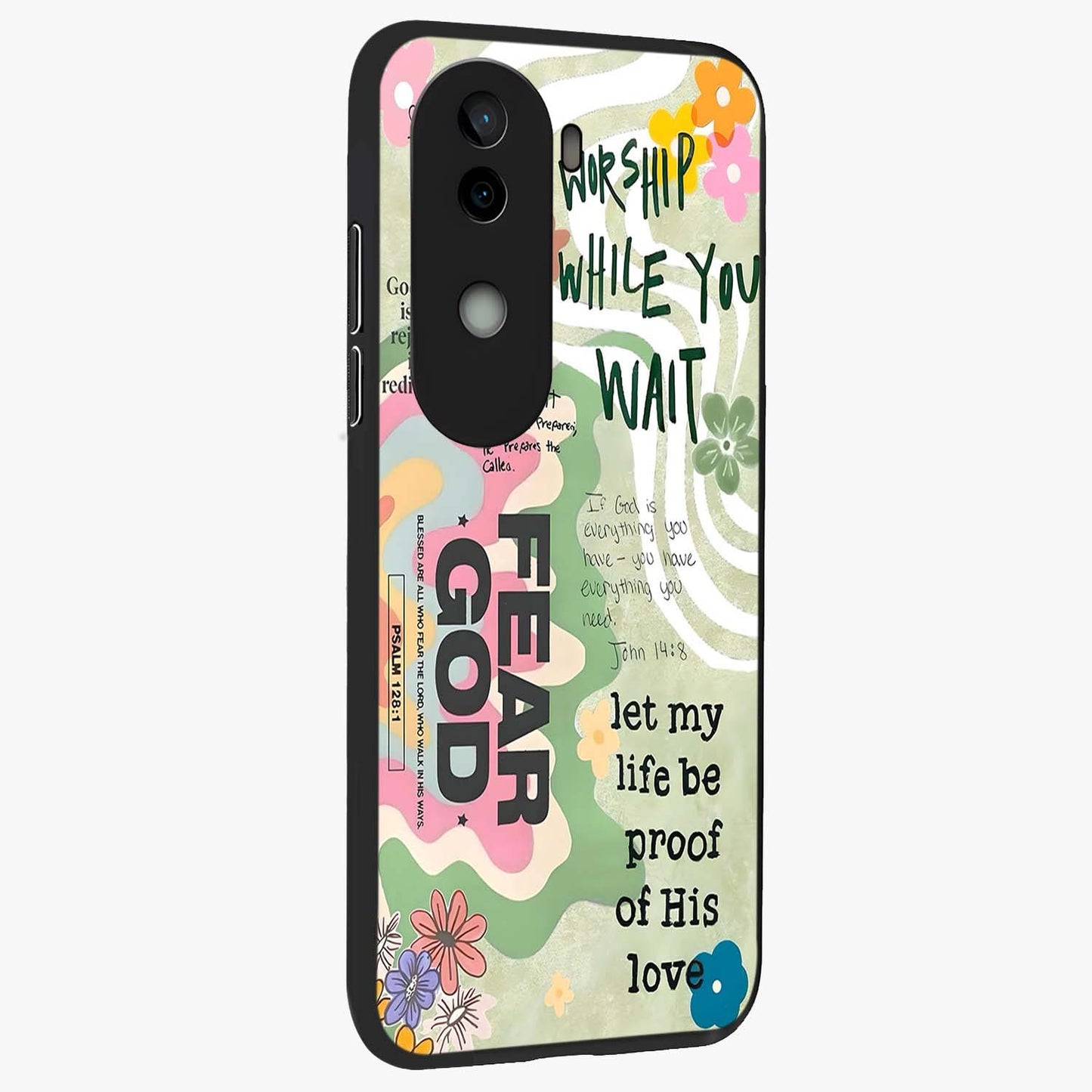 Faith Over Fear Glass Case upright view showcasing bold typography artwork with uplifting motivational theme.