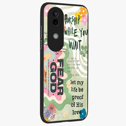 Faith Over Fear Glass Case upright view showcasing bold typography artwork with uplifting motivational theme.