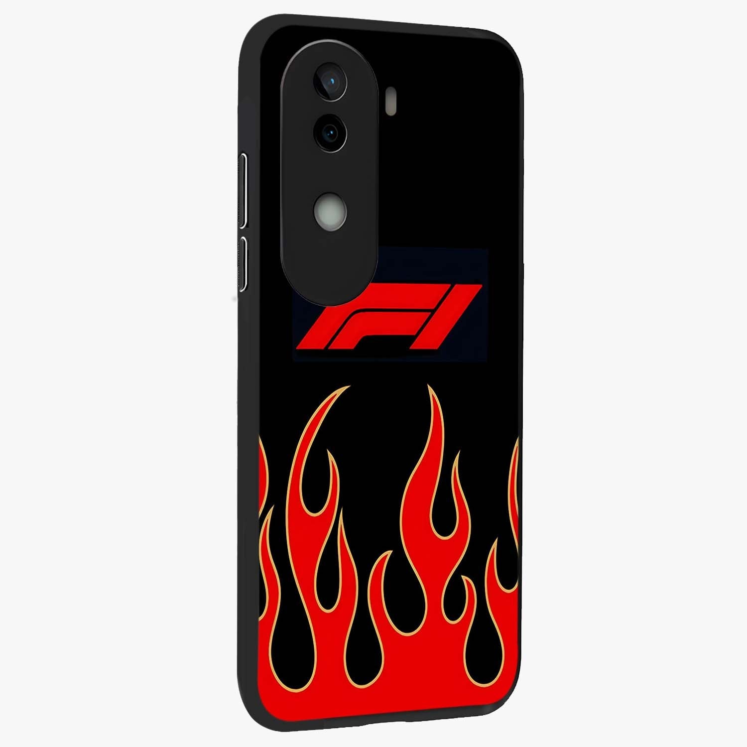 Fire F11 Glass Case upright view showcasing dynamic flame artwork with intense visual theme.