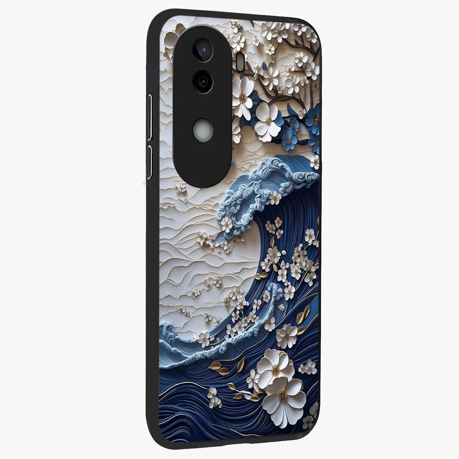 Floral Wave Origami Glass Case upright view showcasing creative floral origami artwork with artistic decorative theme.