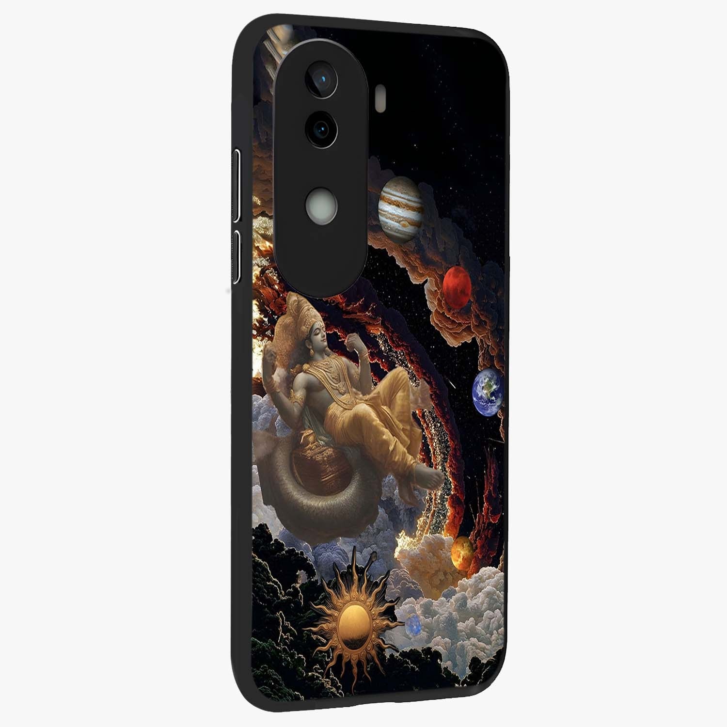 Galactic Divine God Glass Case upright view showcasing mystical divine artwork with dramatic cosmic theme.