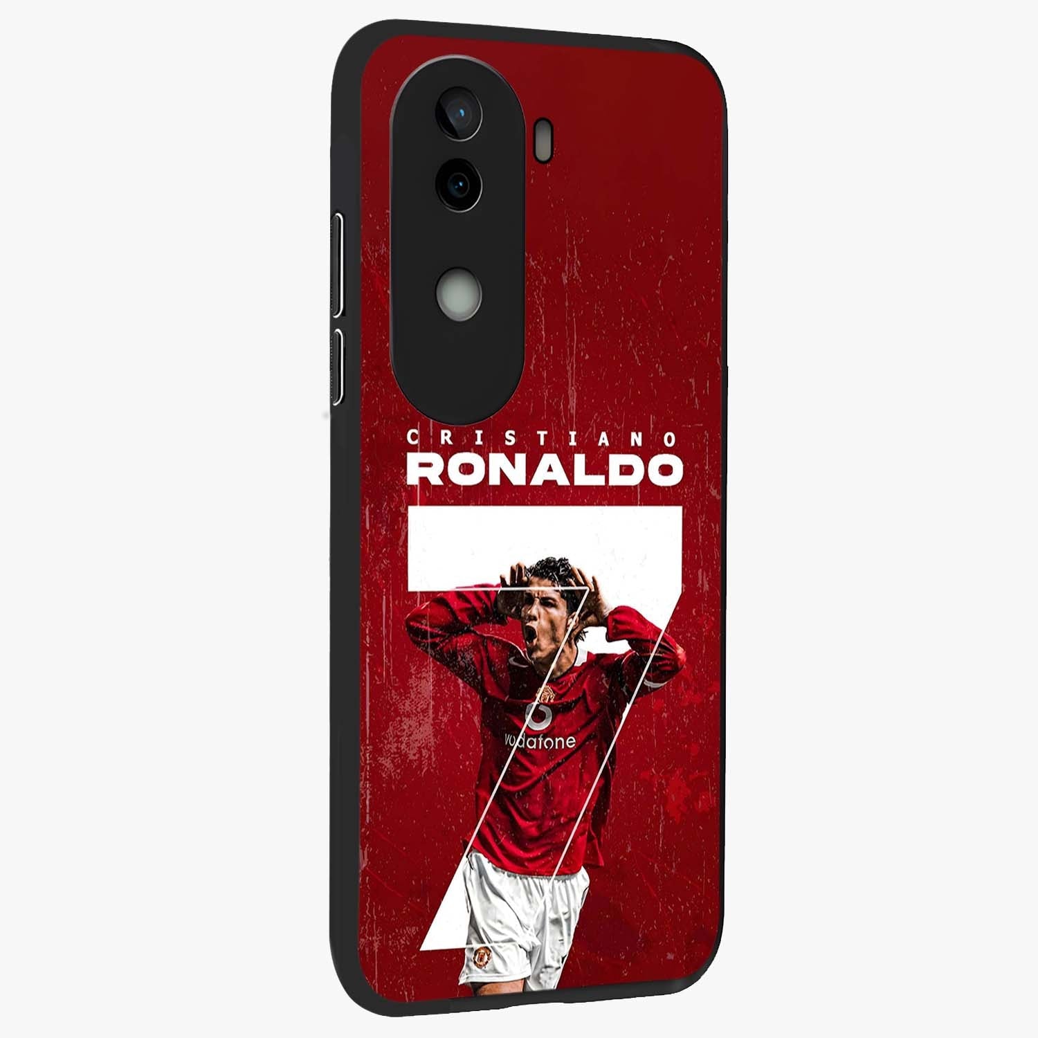 Goal Celebration Legacy Glass Case upright view showcasing dynamic football inspired artwork with victory celebration aesthetic.