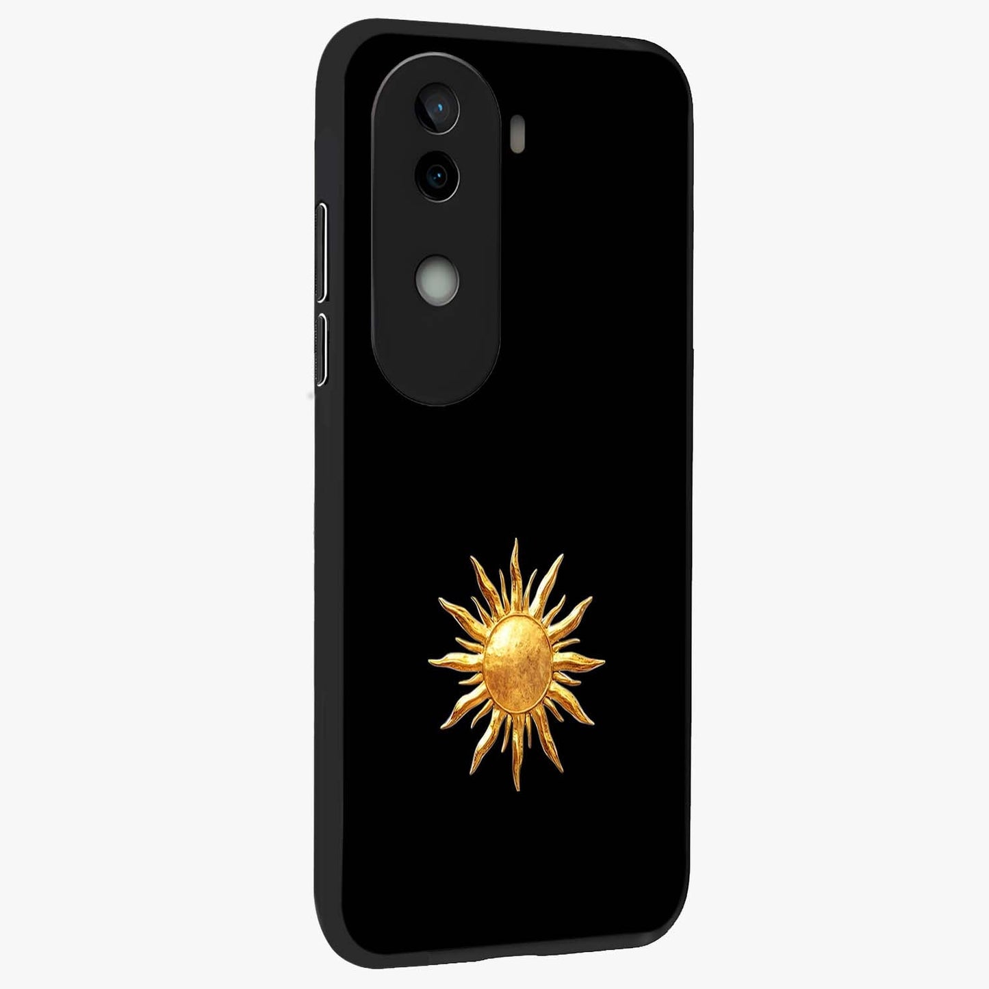 Golden Sun Minimalism Glass Case upright view showcasing haunting graveyard artwork with dramatic dark theme.