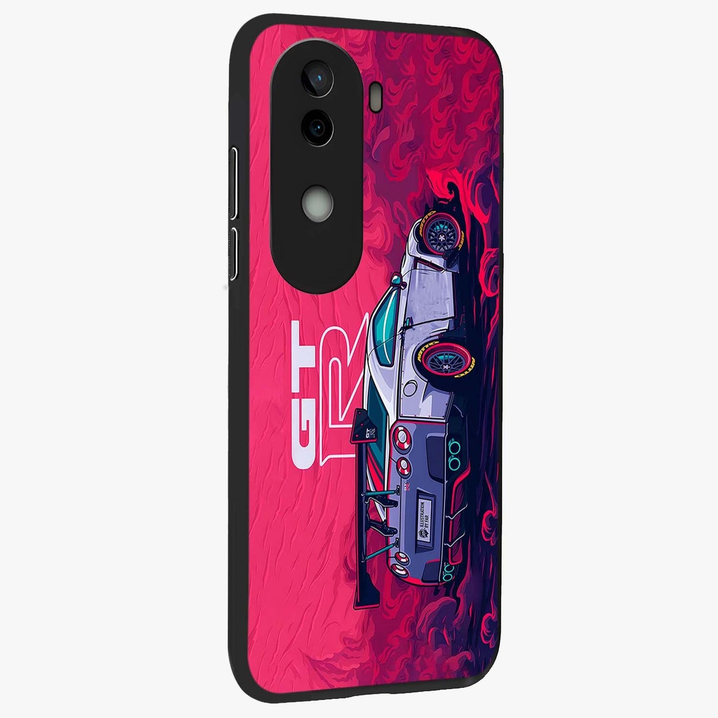 GT-R Car Pattern Glass Case upright view showcasing dynamic car pattern artwork with modern sports theme.
