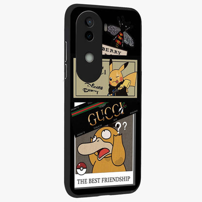 Gucci Play Mashup Glass Case upright view showcasing trendy luxury inspired artwork with modern fashion theme.
