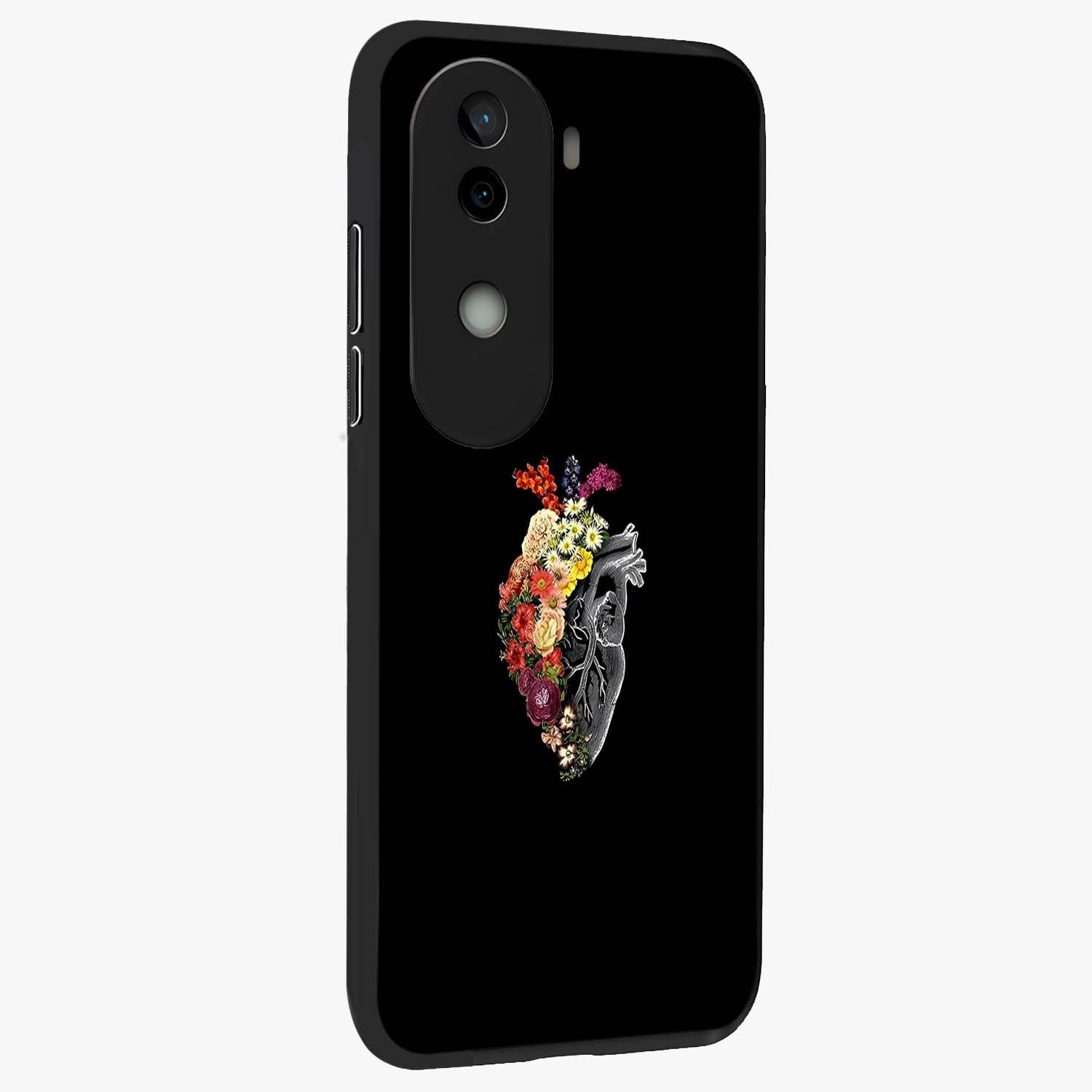 Heart With Flowers Glass Case upright view showcasing decorative heart and floral artwork with sweet romantic theme.