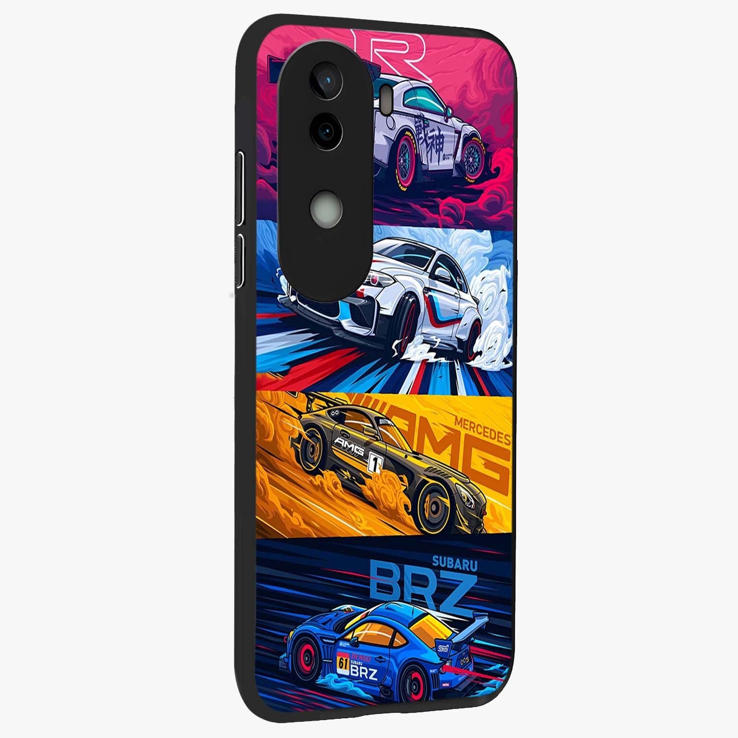 JDM Sports Car Glass Case upright view showcasing dynamic sports car artwork with bold racing theme.