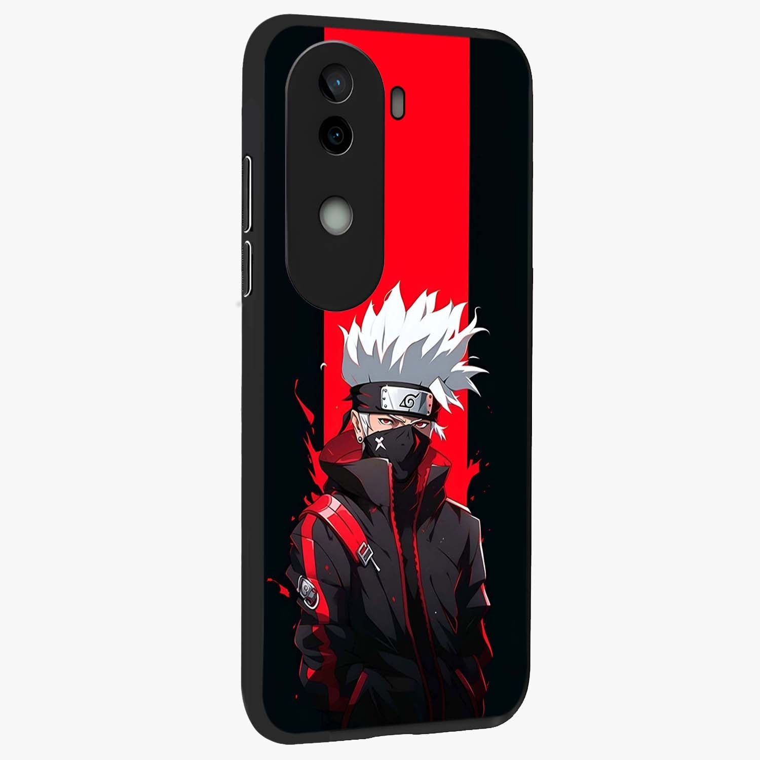 Kakashi Scarlet Shadow Glass Case upright view showcasing intense anime ninja artwork with dark action theme.