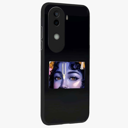 Krishna Divine Embrace Glass Case upright view showcasing sacred Krishna artwork with peaceful devotional theme.