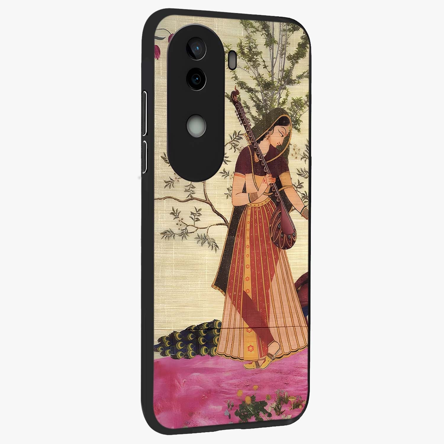 Lady With Veena Art Glass Case upright view showcasing classical veena artwork with traditional artistic theme.