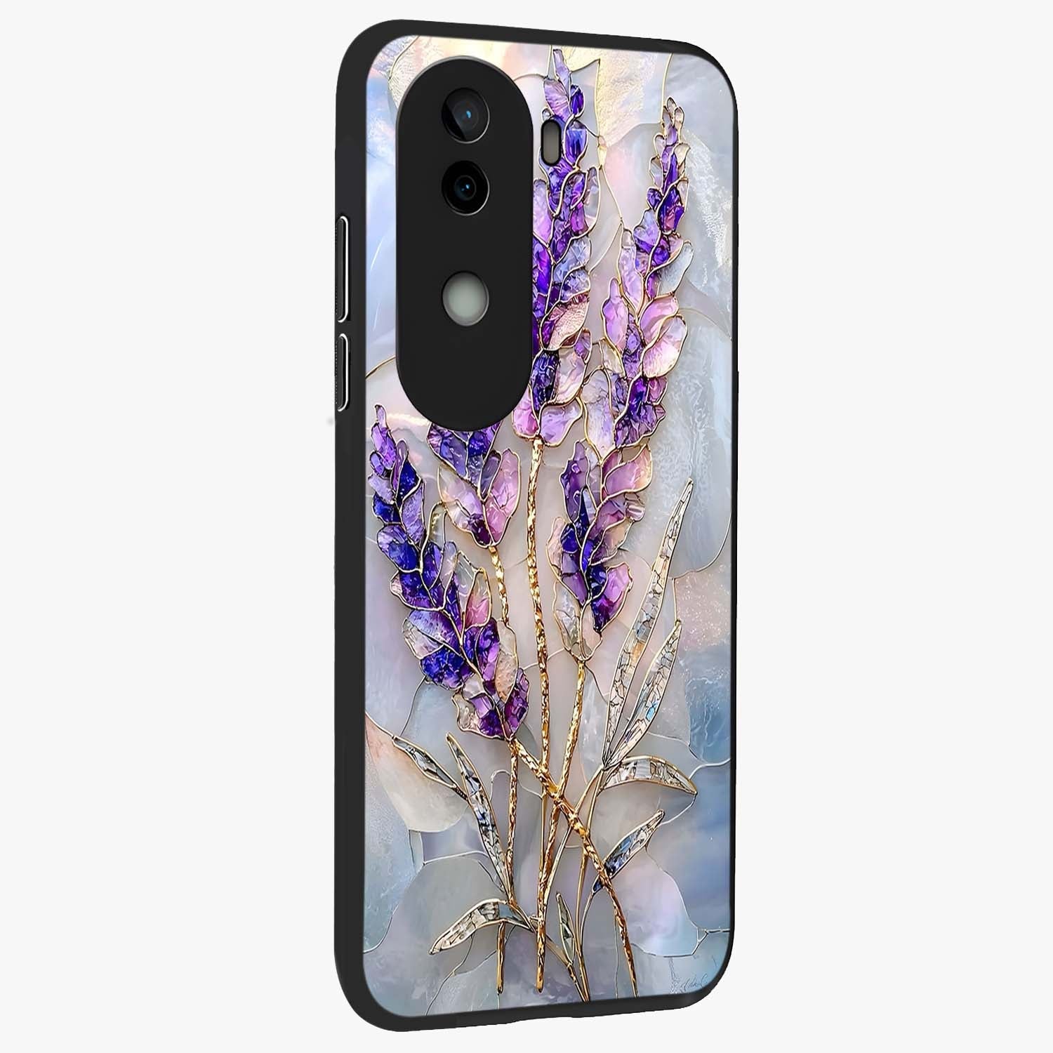 Lavender Dream Glow Glass Case upright view showcasing radiant lavender glow artwork with calming dreamy theme.
