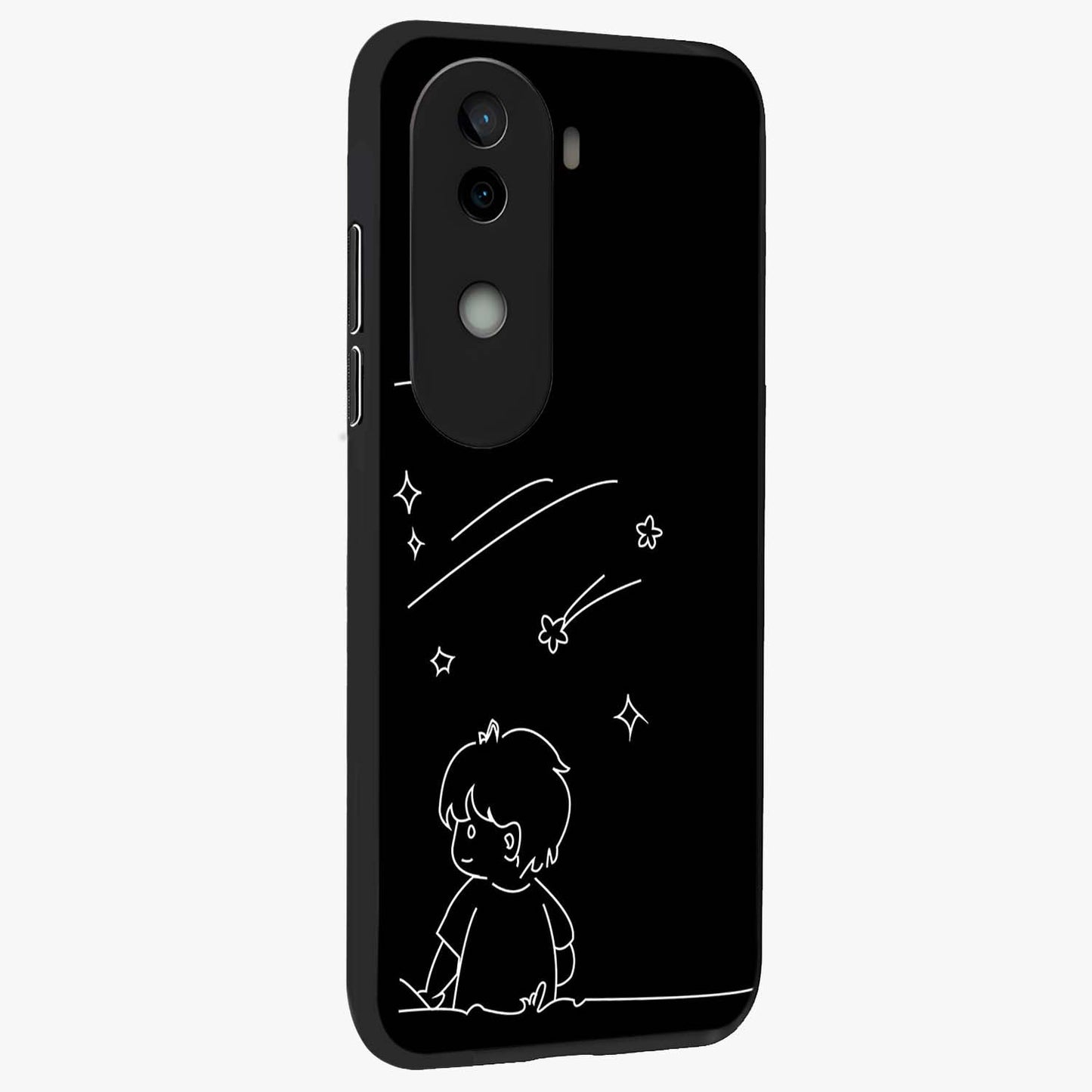 Line Art Boy With Shooting Stars Glass Case upright view showcasing artistic shooting star illustration with minimal style.