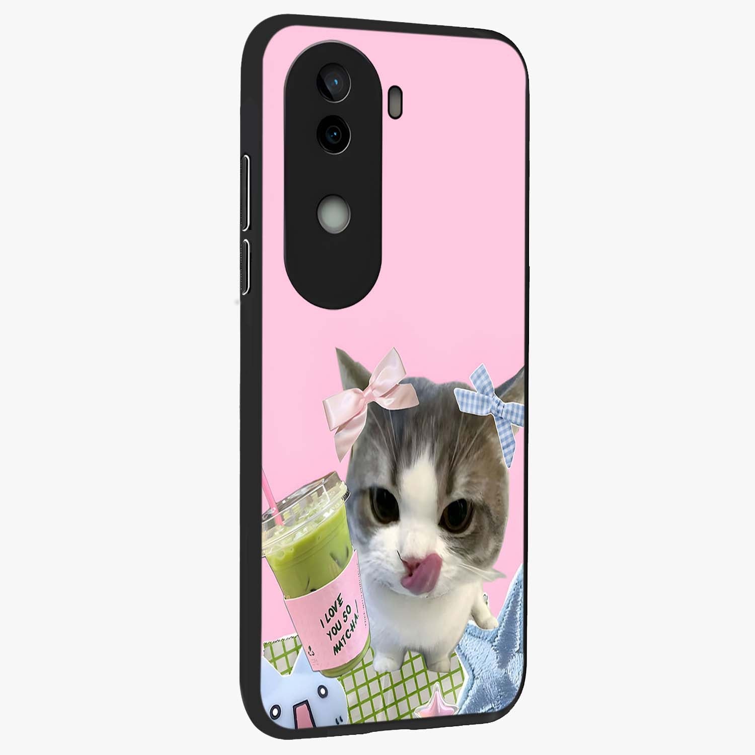 Love Matcha Cat Glass Case upright view showcasing adorable cat artwork with charming matcha themed design.