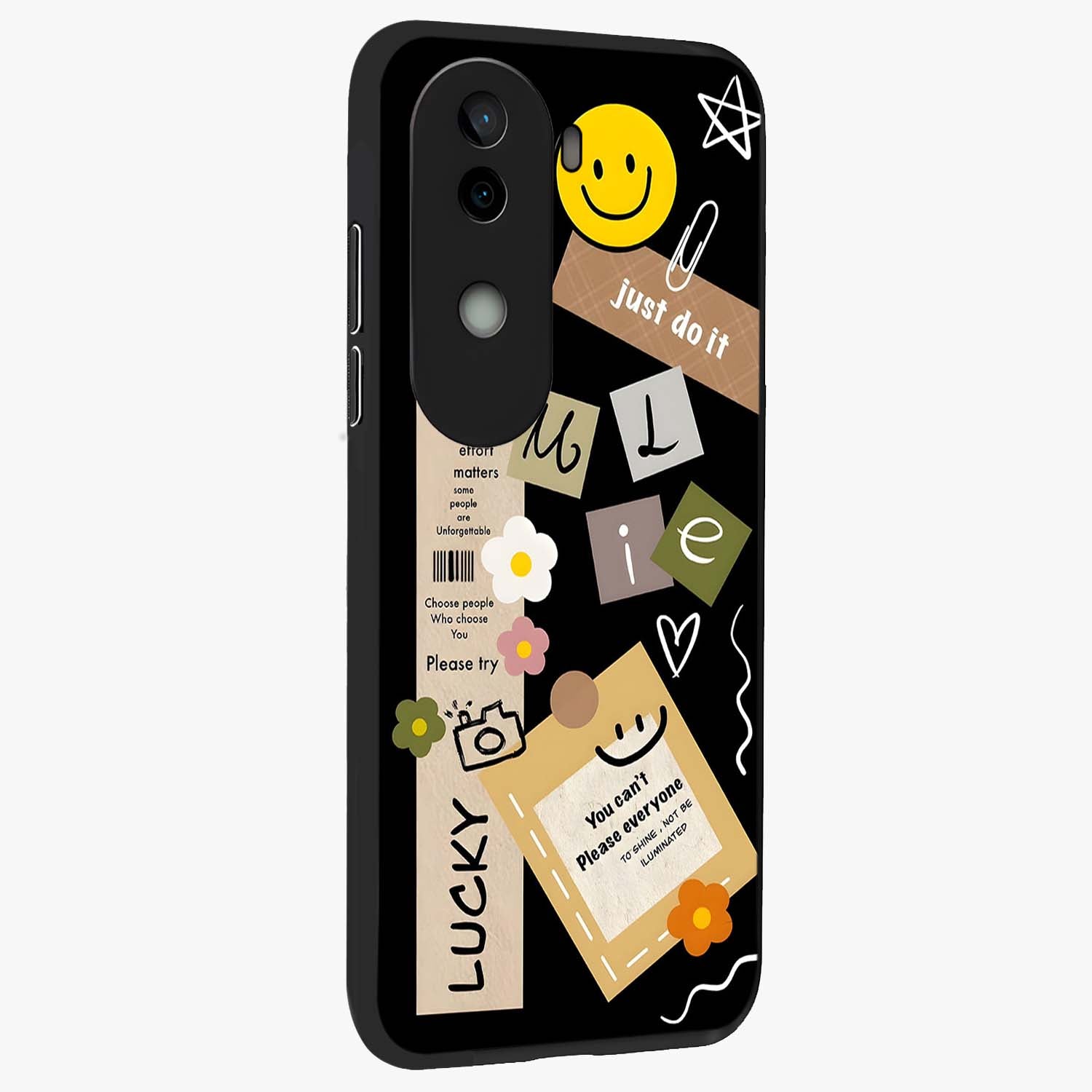 Lucky Aesthetic Collage Glass Case upright view showcasing vibrant collage artwork with youthful aesthetic theme.