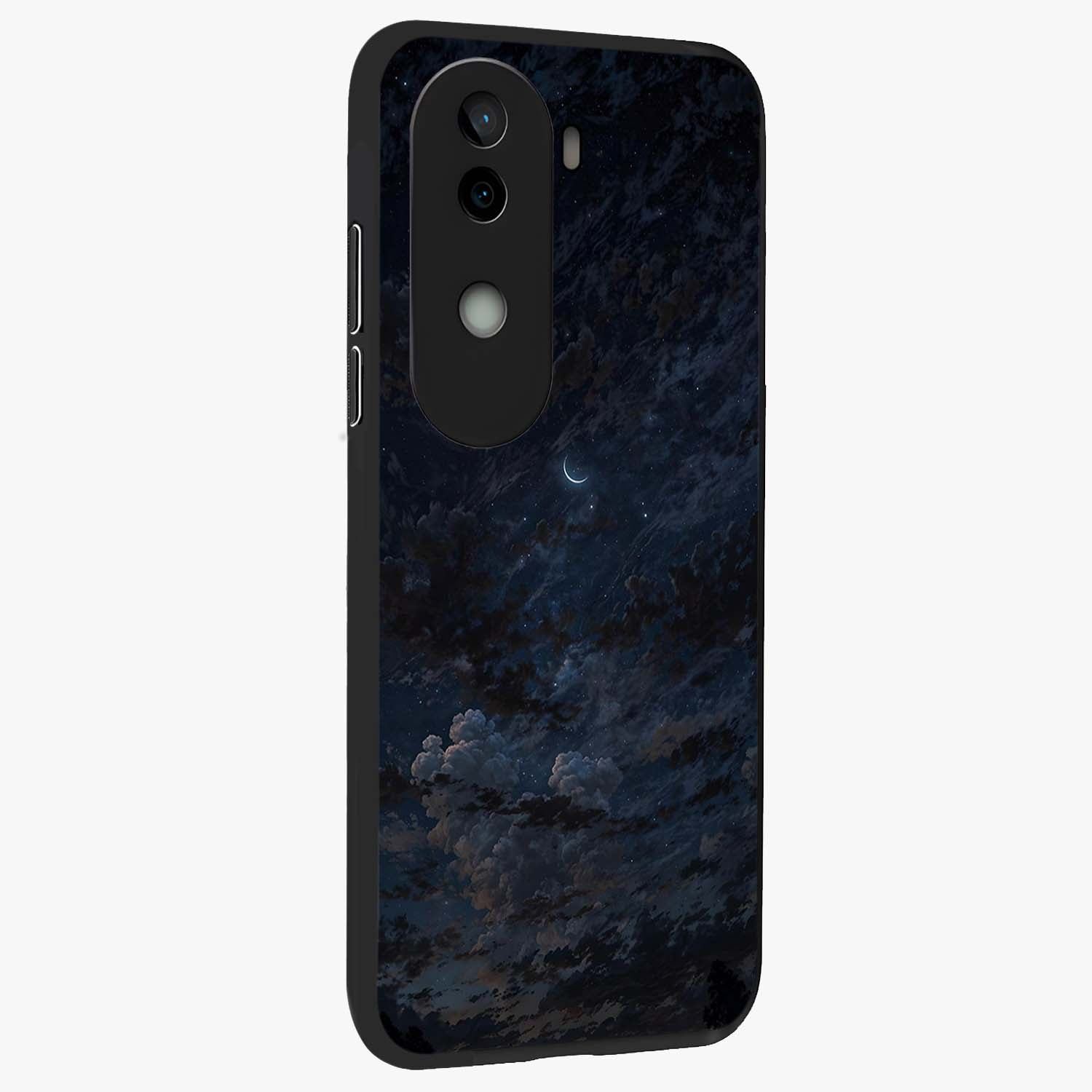 Lunar Veil Silence Glass Case upright view showcasing calm moon themed artwork with serene night atmosphere.