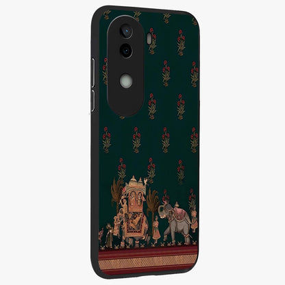 Macmerise Glass Case upright view showcasing bold artistic artwork with contemporary design theme.