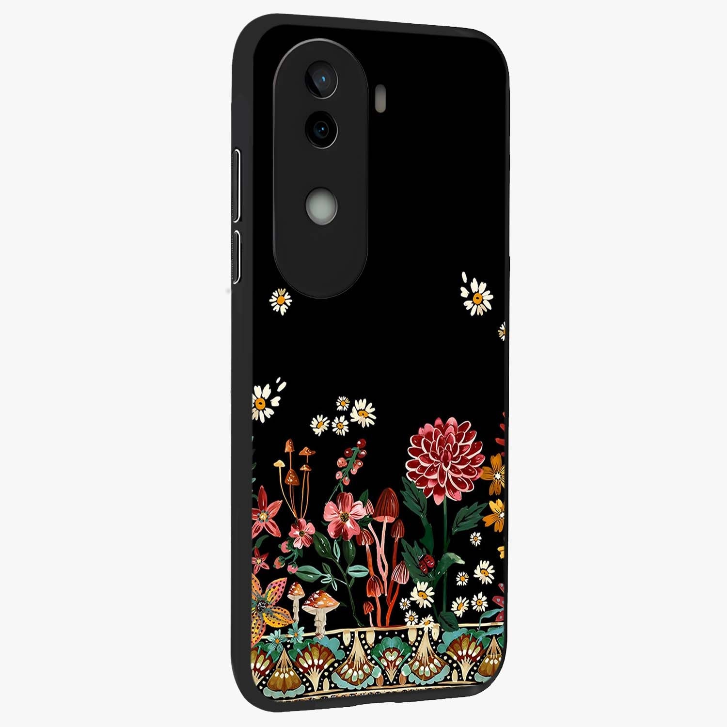 Midnight Bloom Pattern Glass Case upright view showcasing decorative floral artwork with deep night themed palette.