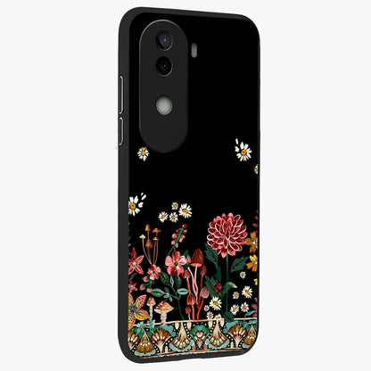 Midnight Bloom Pattern Glass Case upright view showcasing decorative floral artwork with deep night themed palette.