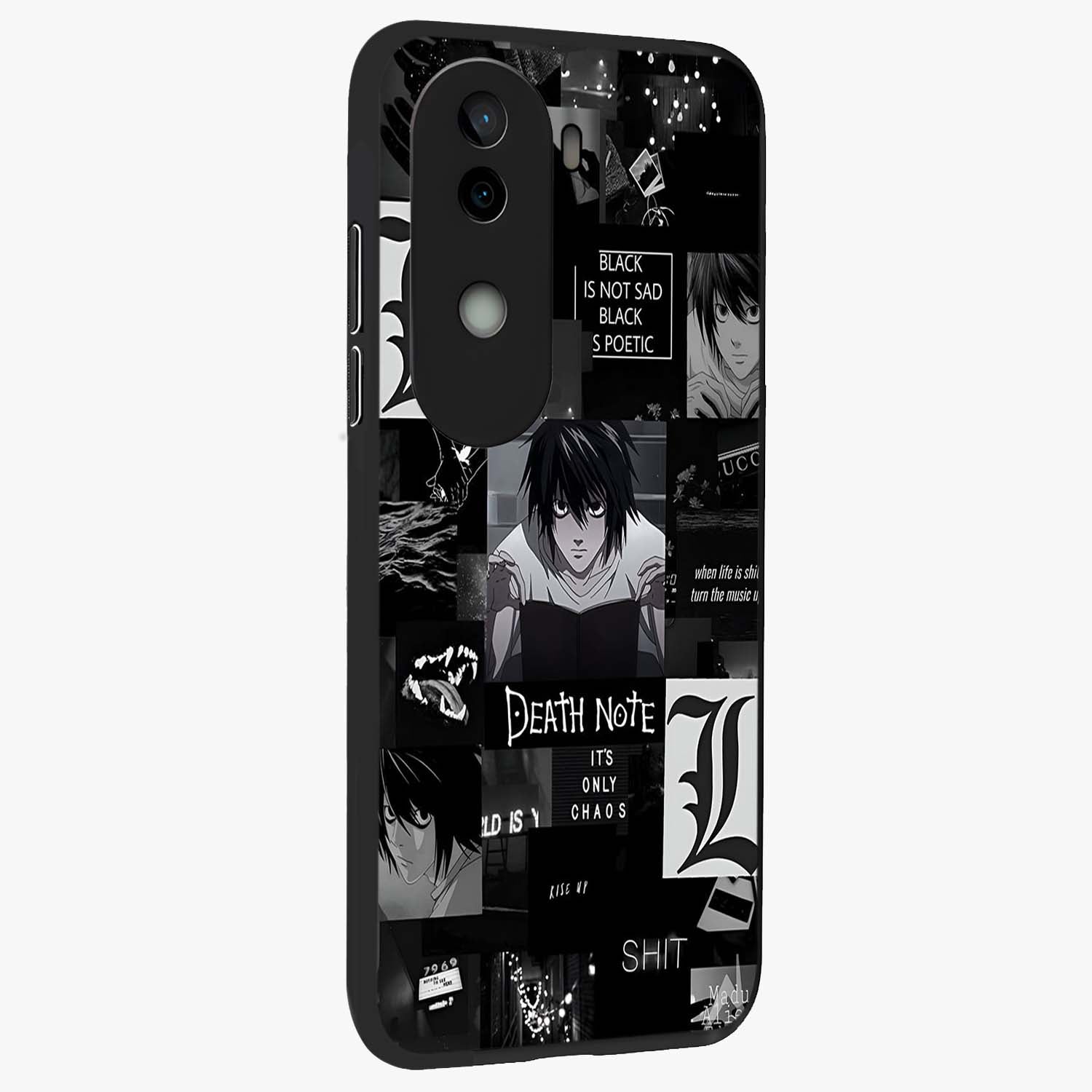 Midnight Chaos Mind Glass Case upright view showcasing expressive abstract artwork with bold dark theme.