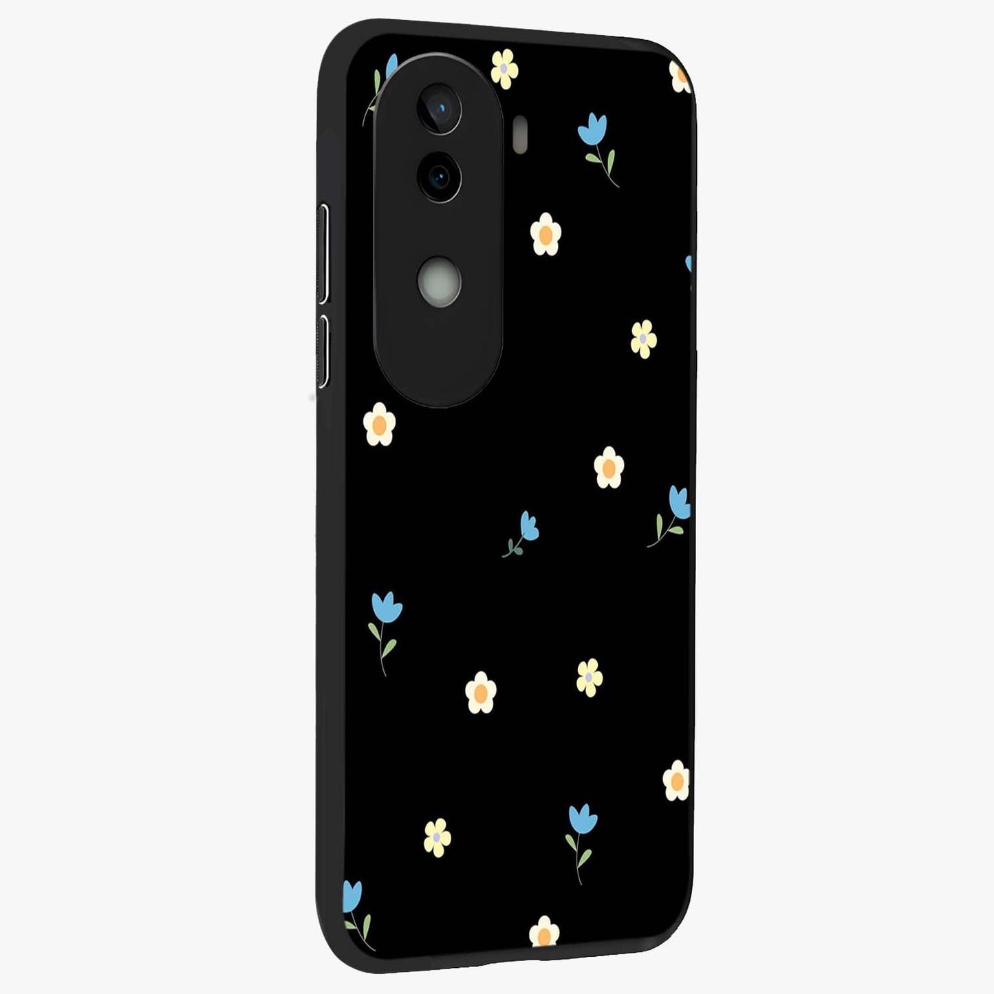 Minimal Petal Whispers Glass Case upright view showcasing elegant floral artwork with modern minimalist style.