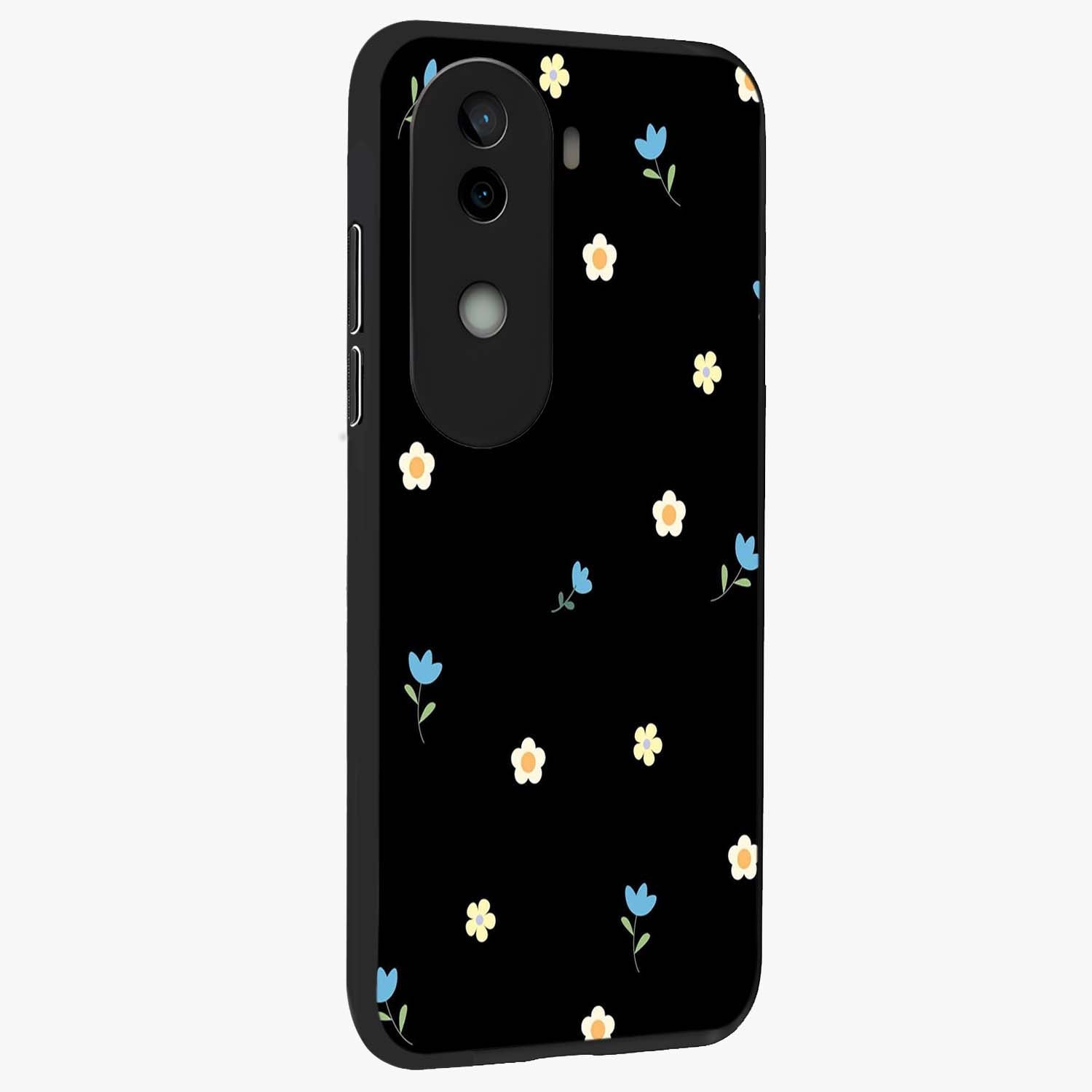 Minimal Petal Whispers Glass Case upright view showcasing elegant floral artwork with modern minimalist style.