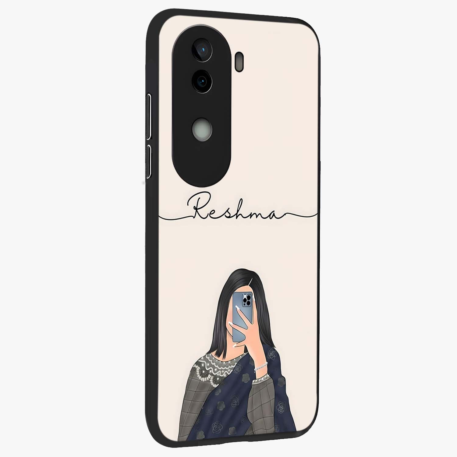 Mirror Mood Muse With Custom Name Glass Case upright view showcasing artistic mirror themed artwork with personalized aesthetic.
