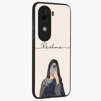 Mirror Mood Muse With Custom Name Glass Case upright view showcasing artistic mirror themed artwork with personalized aesthetic.