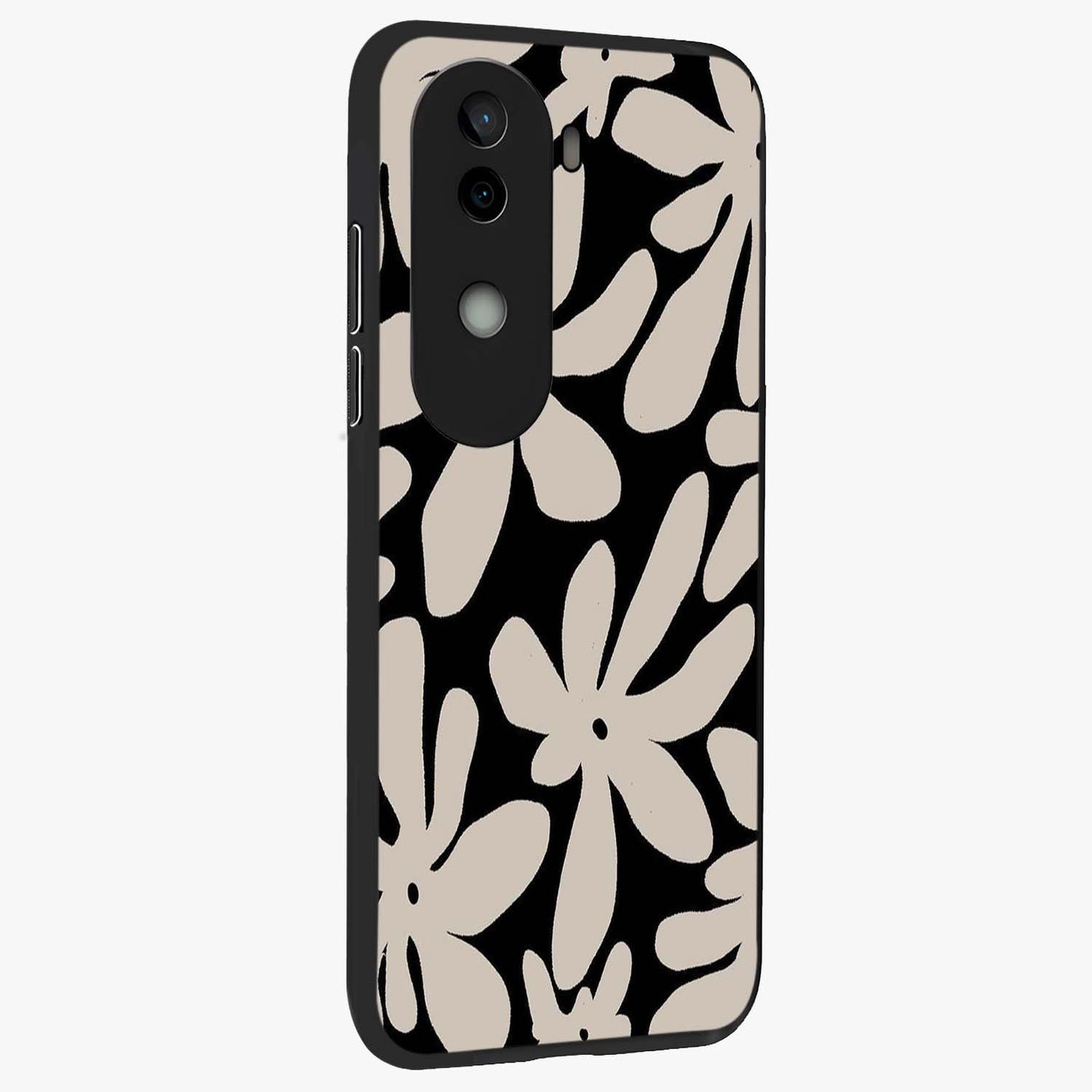 Monochrome Petal Dance Glass Case upright view showcasing artistic floral pattern with stylish monochrome theme.