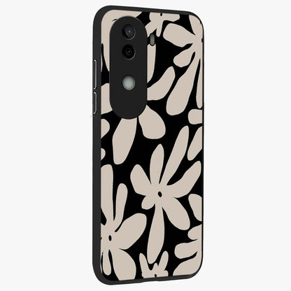 Monochrome Petal Dance Glass Case upright view showcasing artistic floral pattern with stylish monochrome theme.