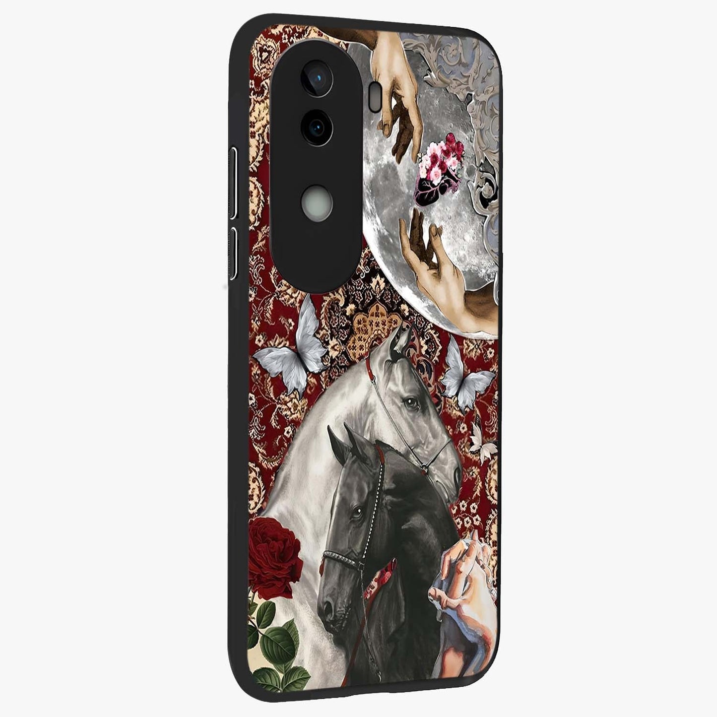 Moonlit Royal Stallion Glass Case upright view showcasing dramatic horse artwork with glowing moon themed design.