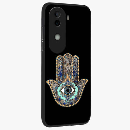 Mystic Hamsa Eye Glass Case upright view showcasing detailed hamsa eye artwork with protective spiritual theme.
