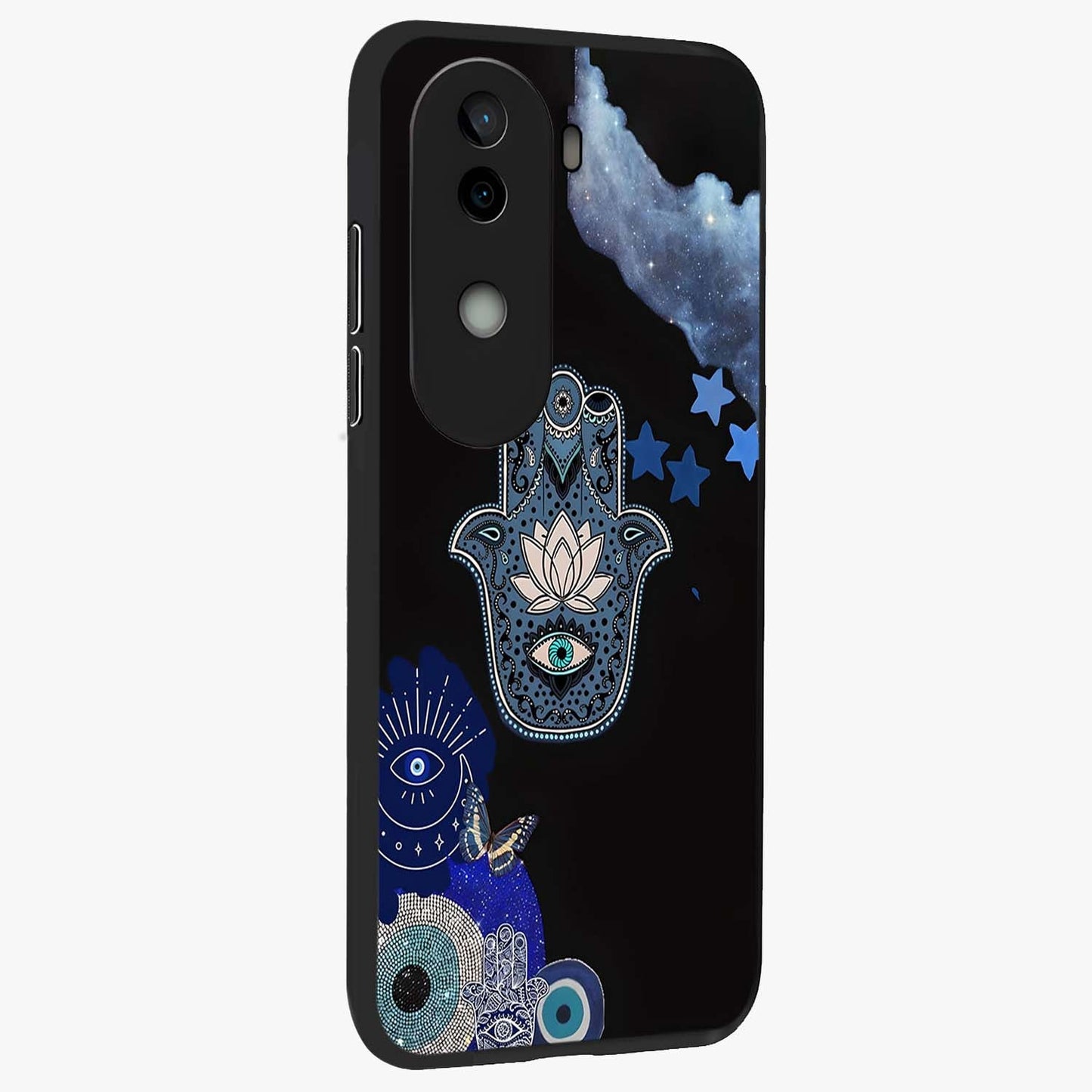 Mystic Hand Aura Glass Case upright view showcasing symbolic hand artwork with mystical energy theme.