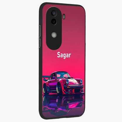 Neon Pink Porsche Glass Case upright view showcasing vibrant sports car artwork with bold automotive theme.