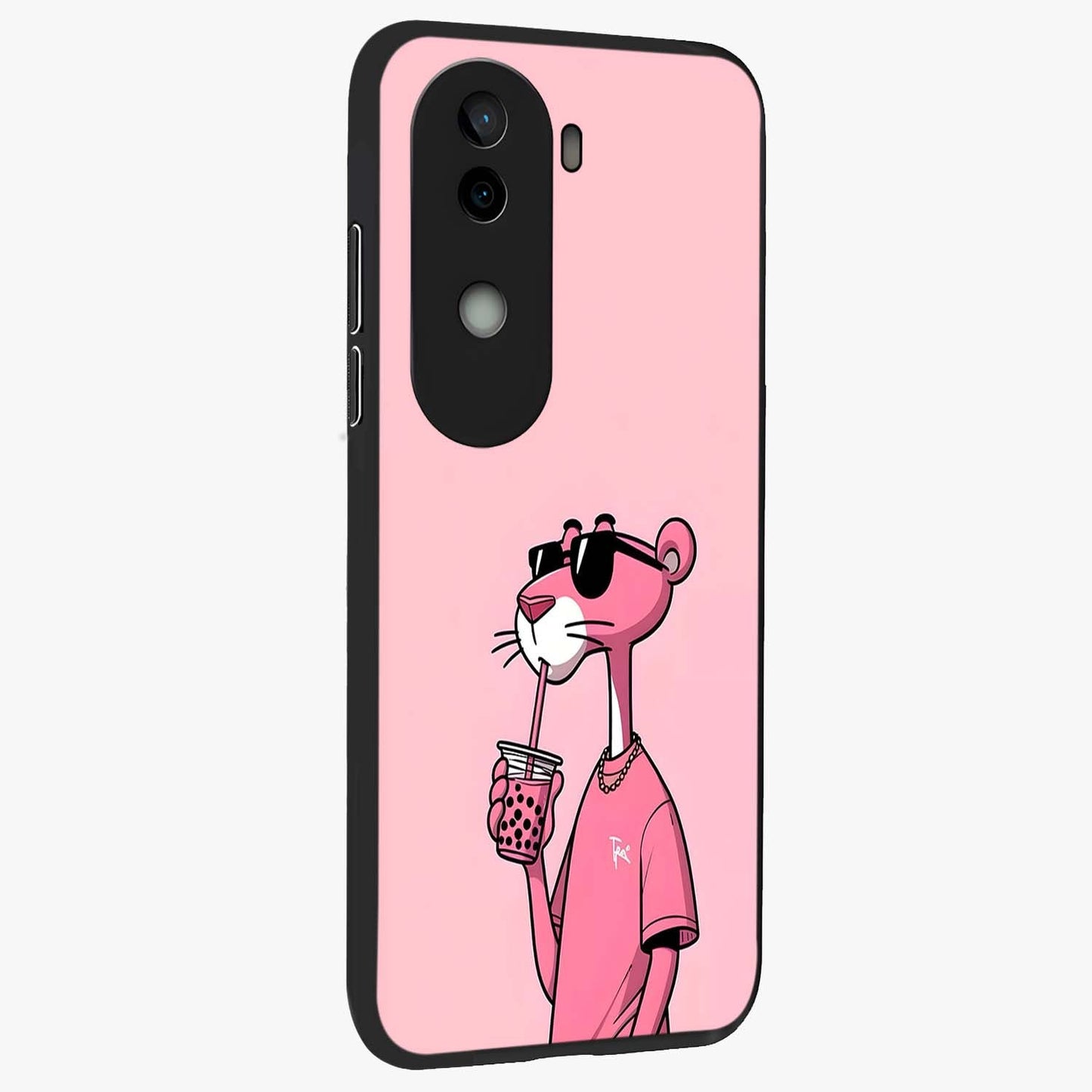 Pink Panther Glass Case upright view showcasing fun animated artwork with stylish retro cartoon theme.