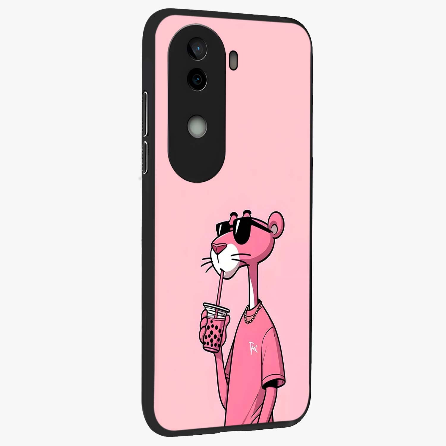 Pink Panther Glass Case upright view showcasing fun animated artwork with stylish retro cartoon theme.